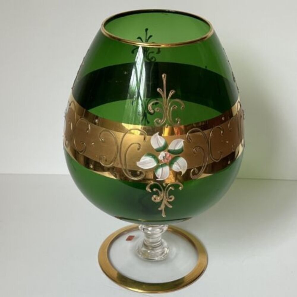 Vtg Empoli Green Glass Gilded Hand Painted Pedestal Vase Brandy Snifter MCM 11"